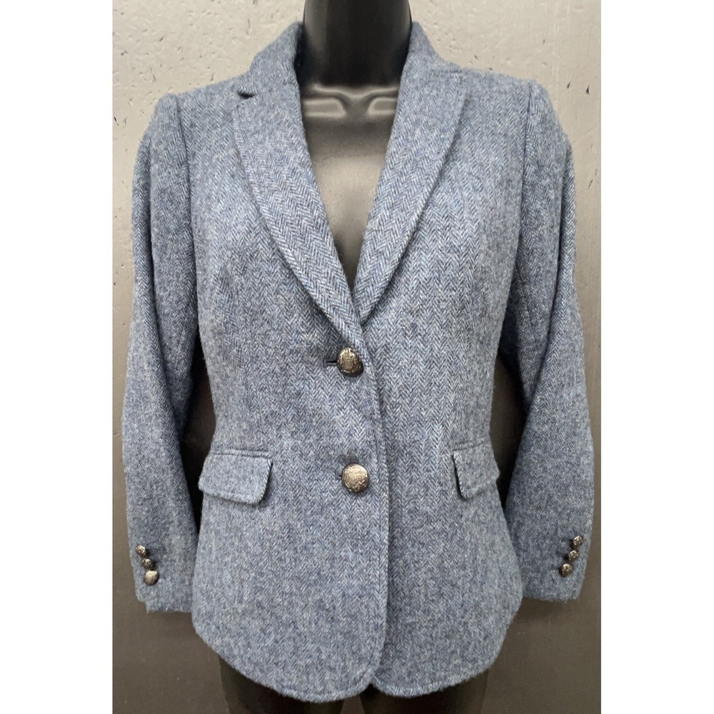 Talbots Blazer Jacket 2P Blue Herringbone Wool Blend Pockets Equestrian Academia
